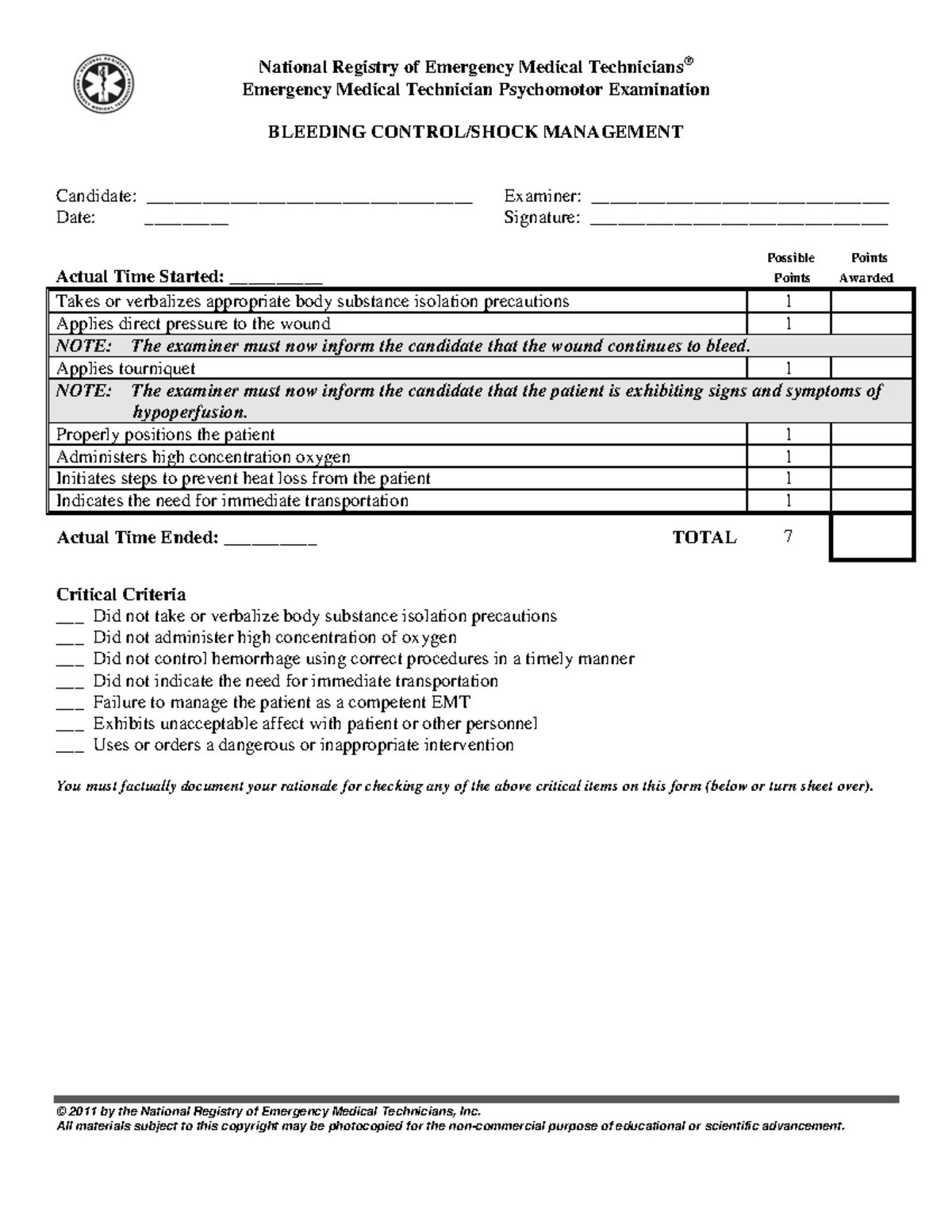 Emtskillsheets - Emergency Medical Technician Psychomotor Examination ...