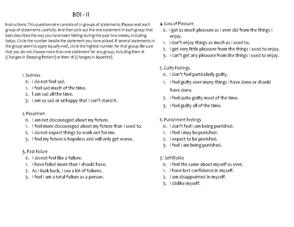 Beck Depression Inventory II BDI II Instructions This 