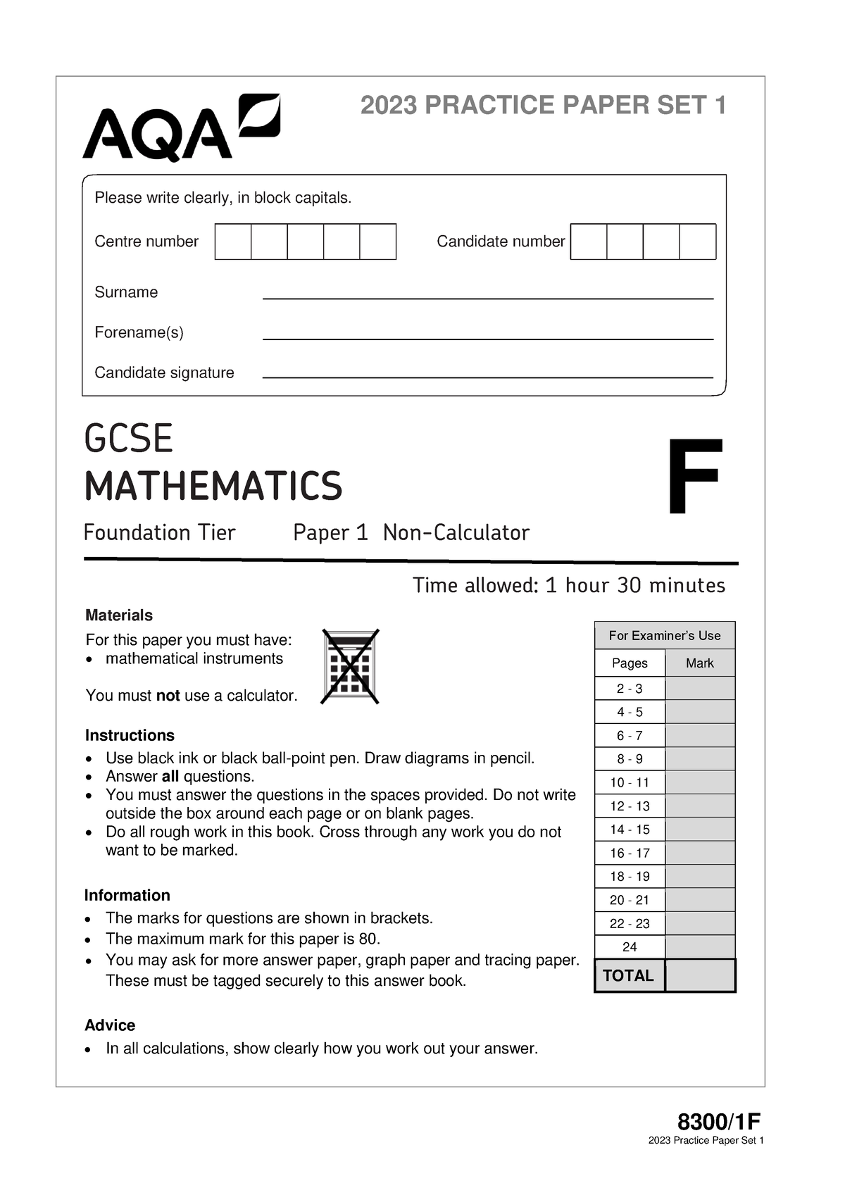 AQA 8300 1F PQP 2023PP1 - AQA 8300/1F 2023 Practice Paper Set 1 ...