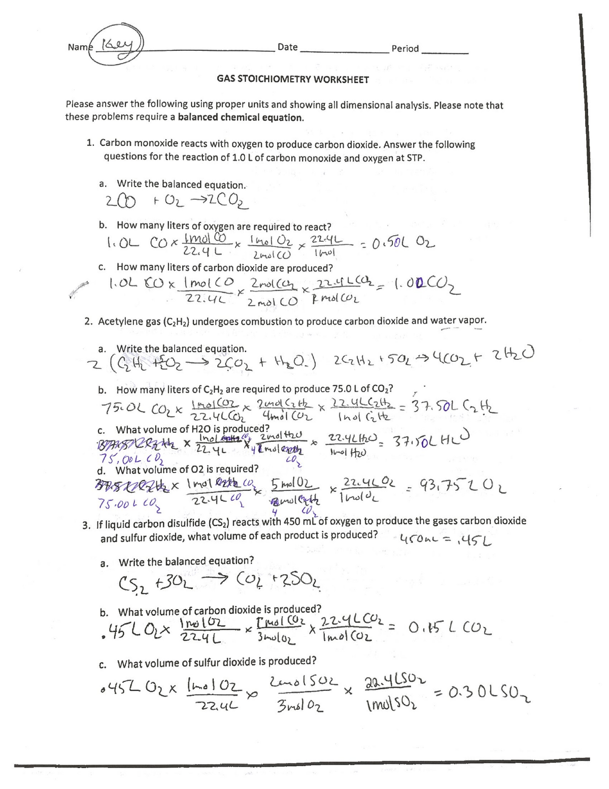 Gas Stoichiometry Worksheet KEY - Principles of Chemistry - CHEM In Stoichiometry Worksheet Answer Key