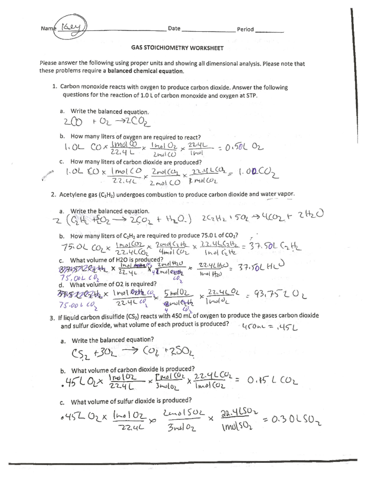 Gas Stoichiometry Worksheet KEY - Principles of Chemistry - CHEM With Regard To Stoichiometry Worksheet Answer Key