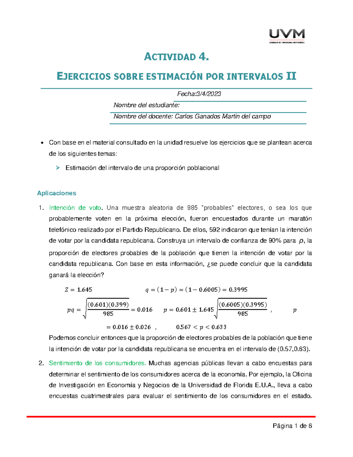 A4 Ejercicios - ACTIVIDAD 4. EJERCICIOS SOBRE ESTIMACIÓN POR INTERVALOS ...