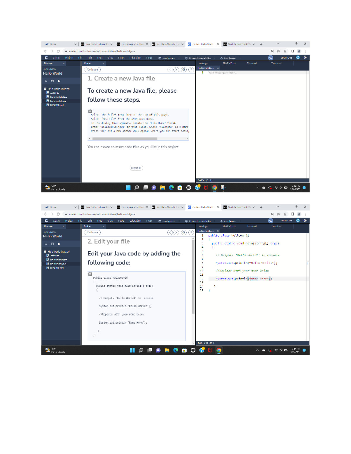 IT 260 Module 2 Hello World - Home X Java Codio Tutorial U X Homepage ...