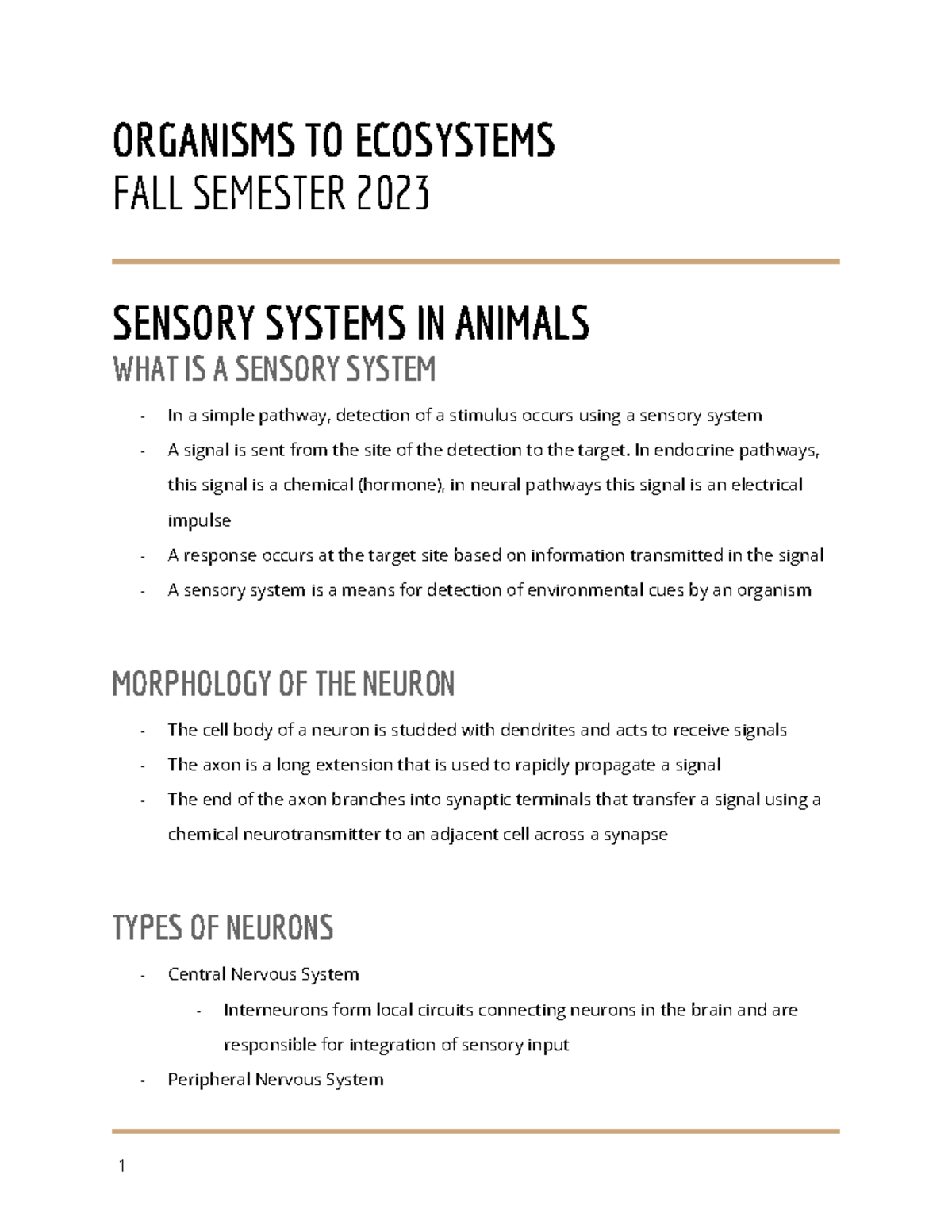 BIOL2102 Sensory Systems in Animals - ORGANISMS TO ECOSYSTEMS FALL ...