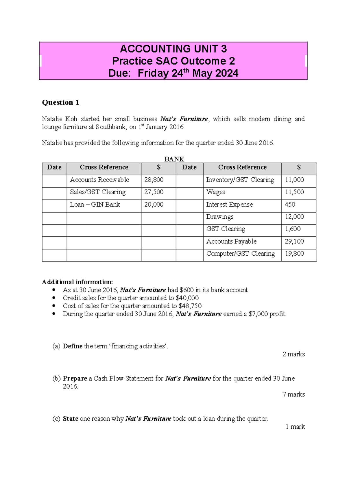 Prac SAC 2024 U3 OC2 study design 2024 ACCOUNTING UNIT 3 Practice
