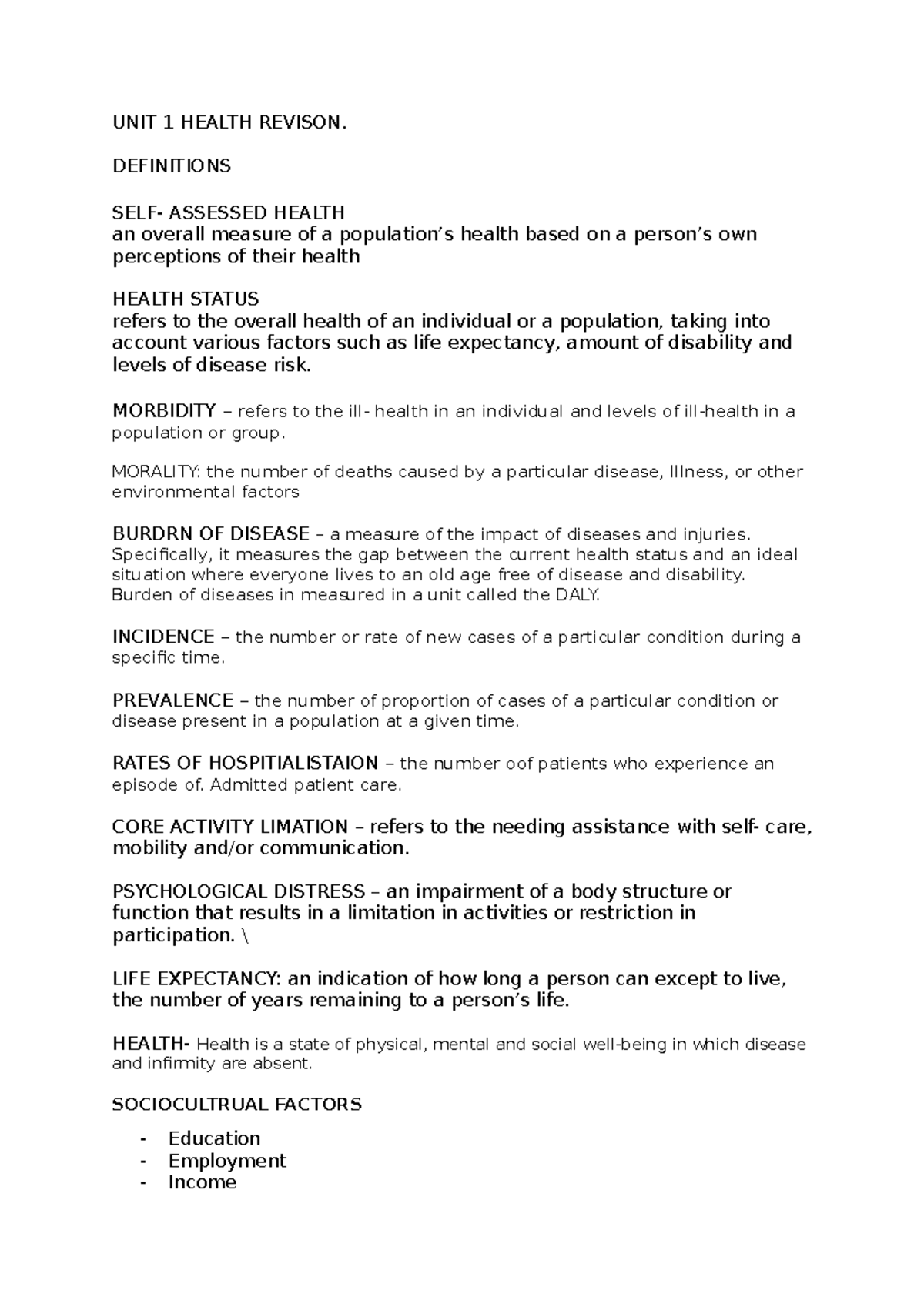 UNIT 1 Health Revison UNIT 1 HEALTH REVISON. DEFINITIONS SELF