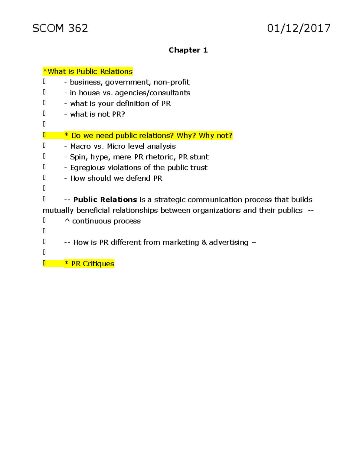 SCOM 362 - PR Theory Notes - SCOM 362 Chapter 1 is Public Relations ...