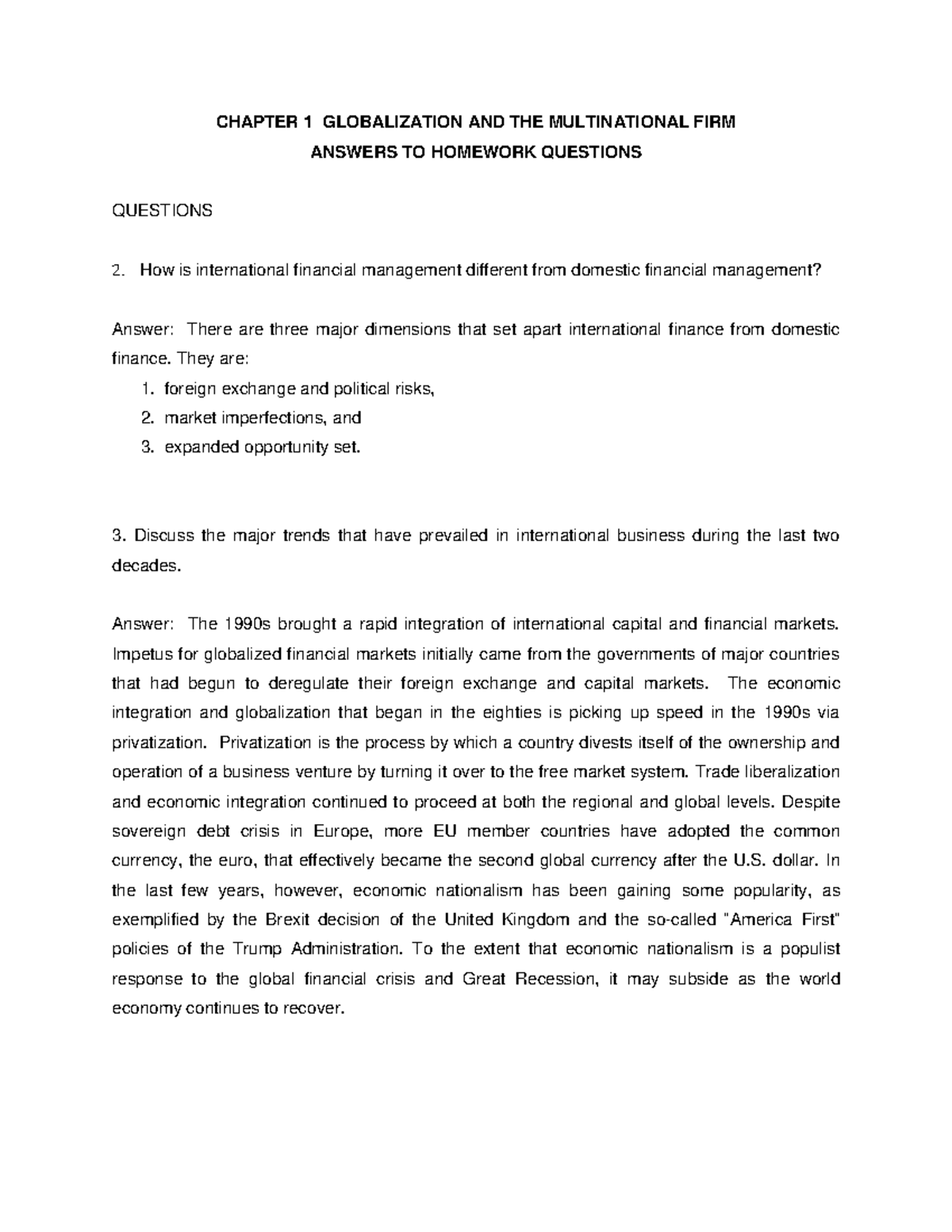 Answers to Ch 1 HW Questions - CHAPTER 1 GLOBALIZATION AND THE ...