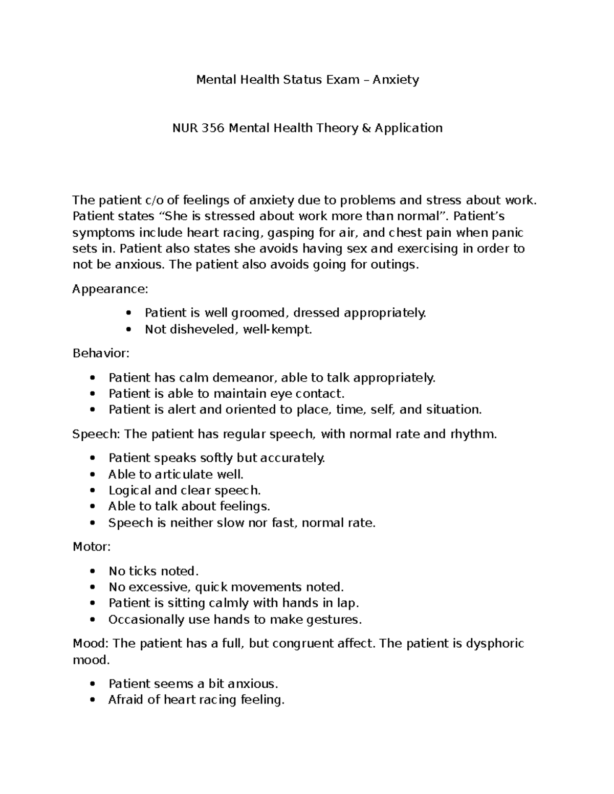 Mhse-anxiety - anxiety - Mental Health Status Exam – Anxiety NUR 356 ...