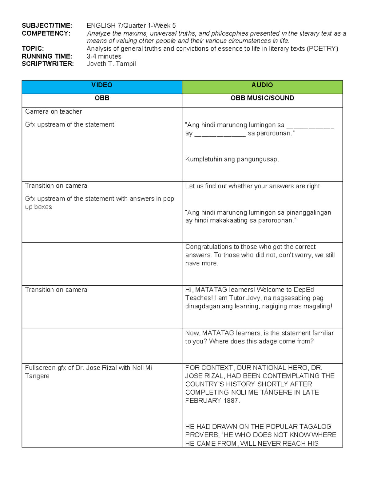 Maxims and Universal Truths - SUBJECT/TIME: ENGLISH 7/Quarter 1-Week 5 ...