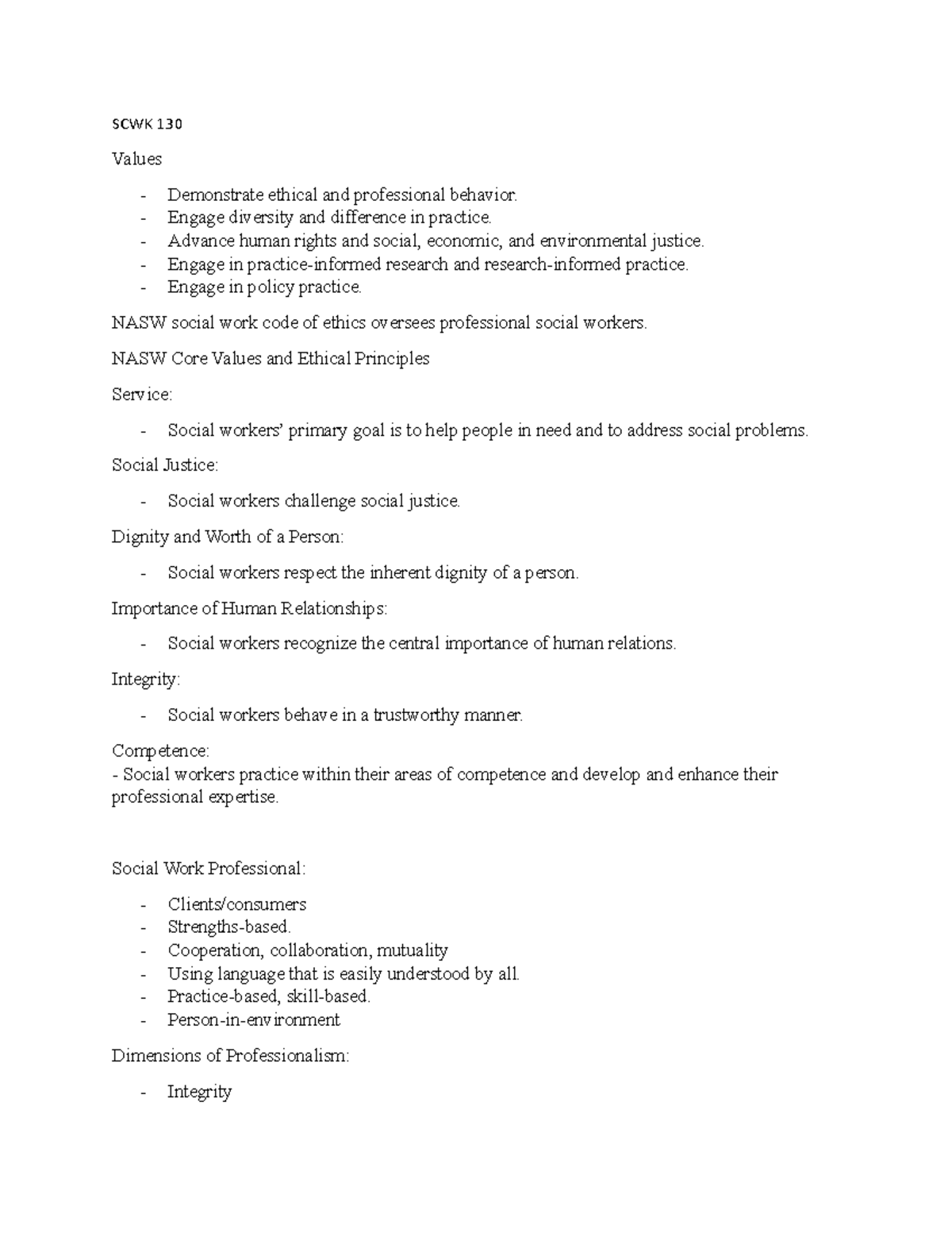 SCWK 130 Values - SCWK 130 Values Demonstrate ethical and professional ...