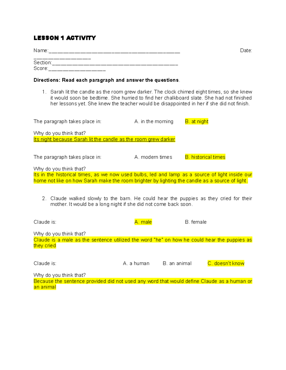 Thesis 1 Activities - LESSON 1 ACTIVITY Name