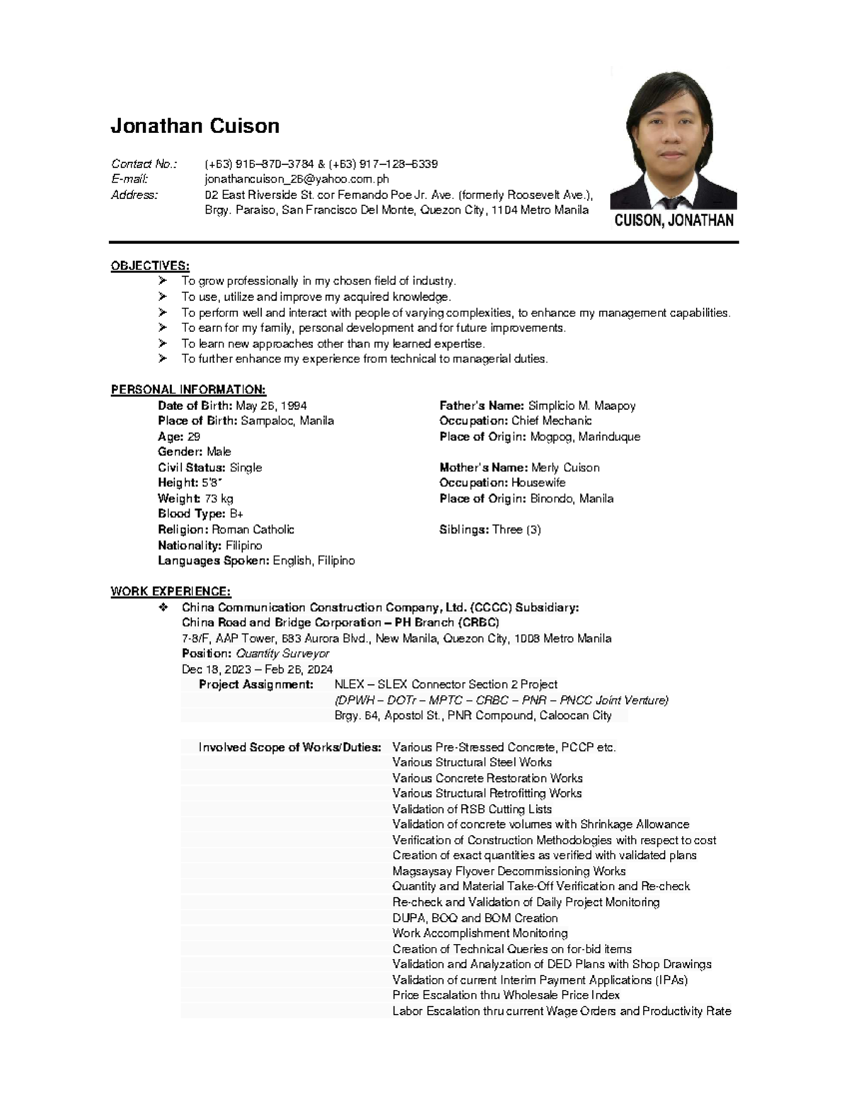 026 Jonathan Cuison CV updated 02-23-2024 - Jonathan Cuison Contact No ...