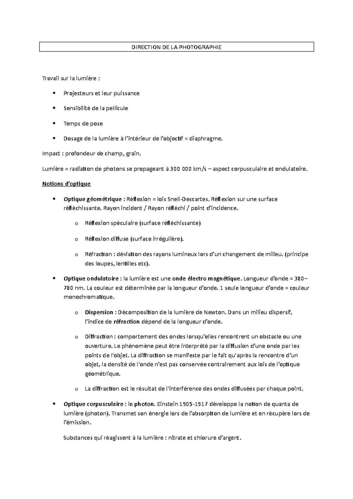 CNEDDirection de la photo DIRECTION DE LA PHOTOGRAPHIE Travail sur la lumière Projecteurs