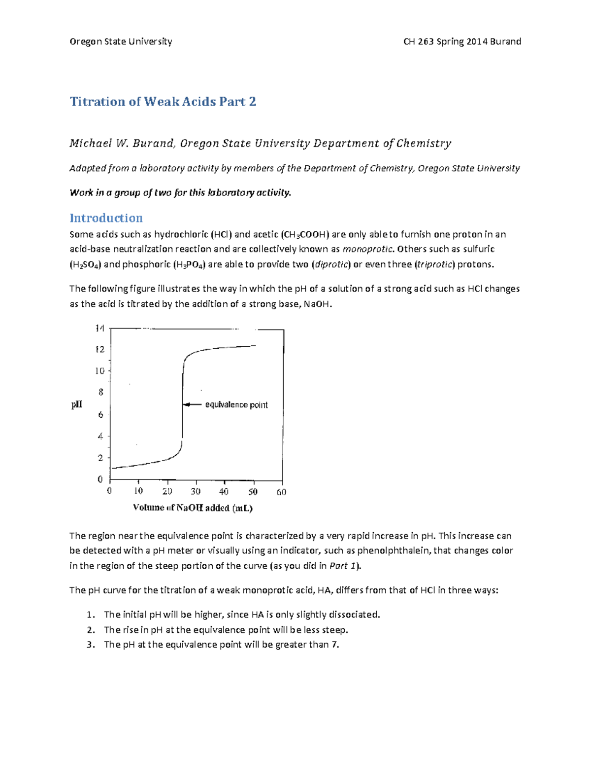 CH 263 S14 Titration of Weak Acids Part 2 Burand V1 Titration of Weak
