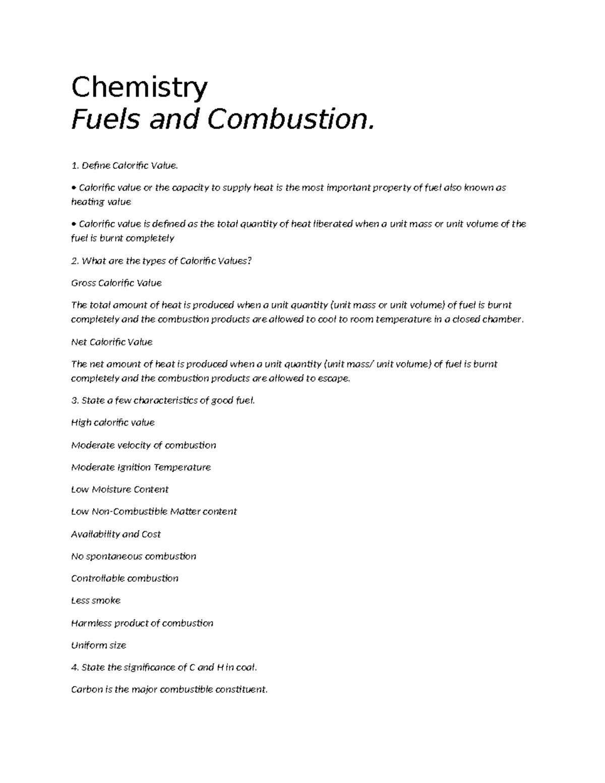 Last minute notes 2 - Chemistry Fuels and Combustion. Define Calorific ...