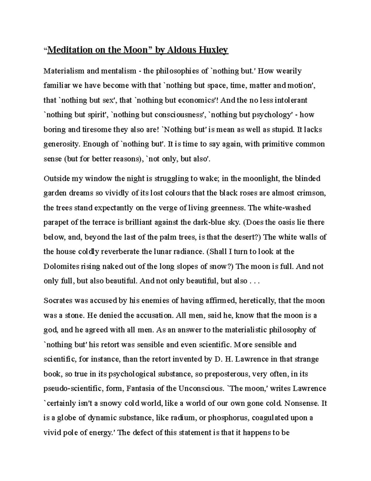 Meditation on the Moon” by Aldous Huxley “Meditation on the Moon” by