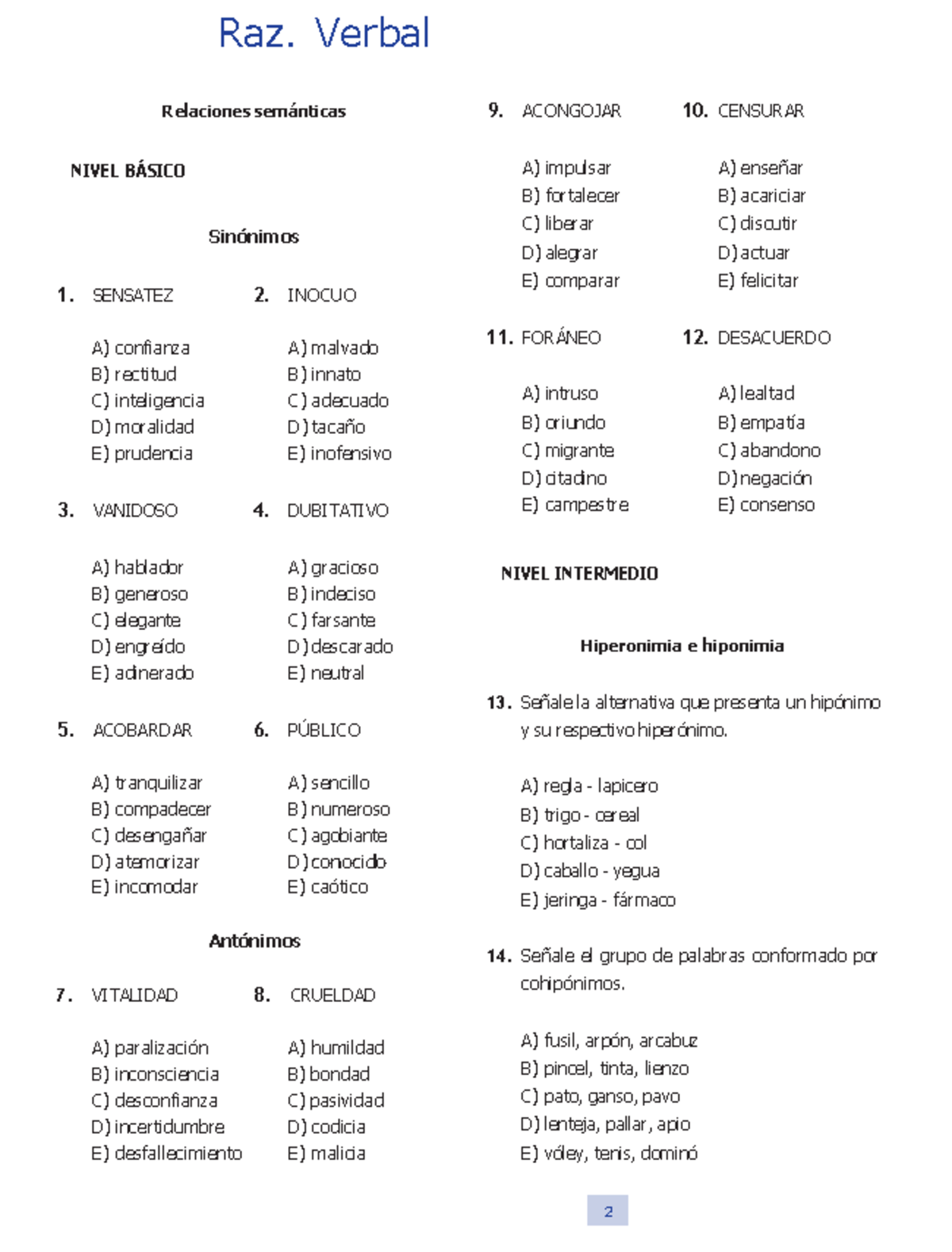2 Razonamiento verbal Con claves (1) NIVEL BÁSICO NIVEL INTERMEDIO