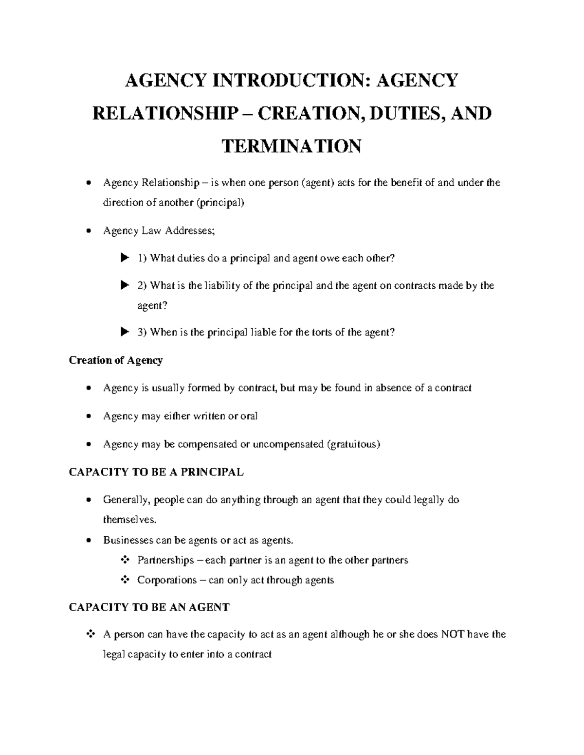 Agency Introduction: Agency relationship -creation, duties, and ...
