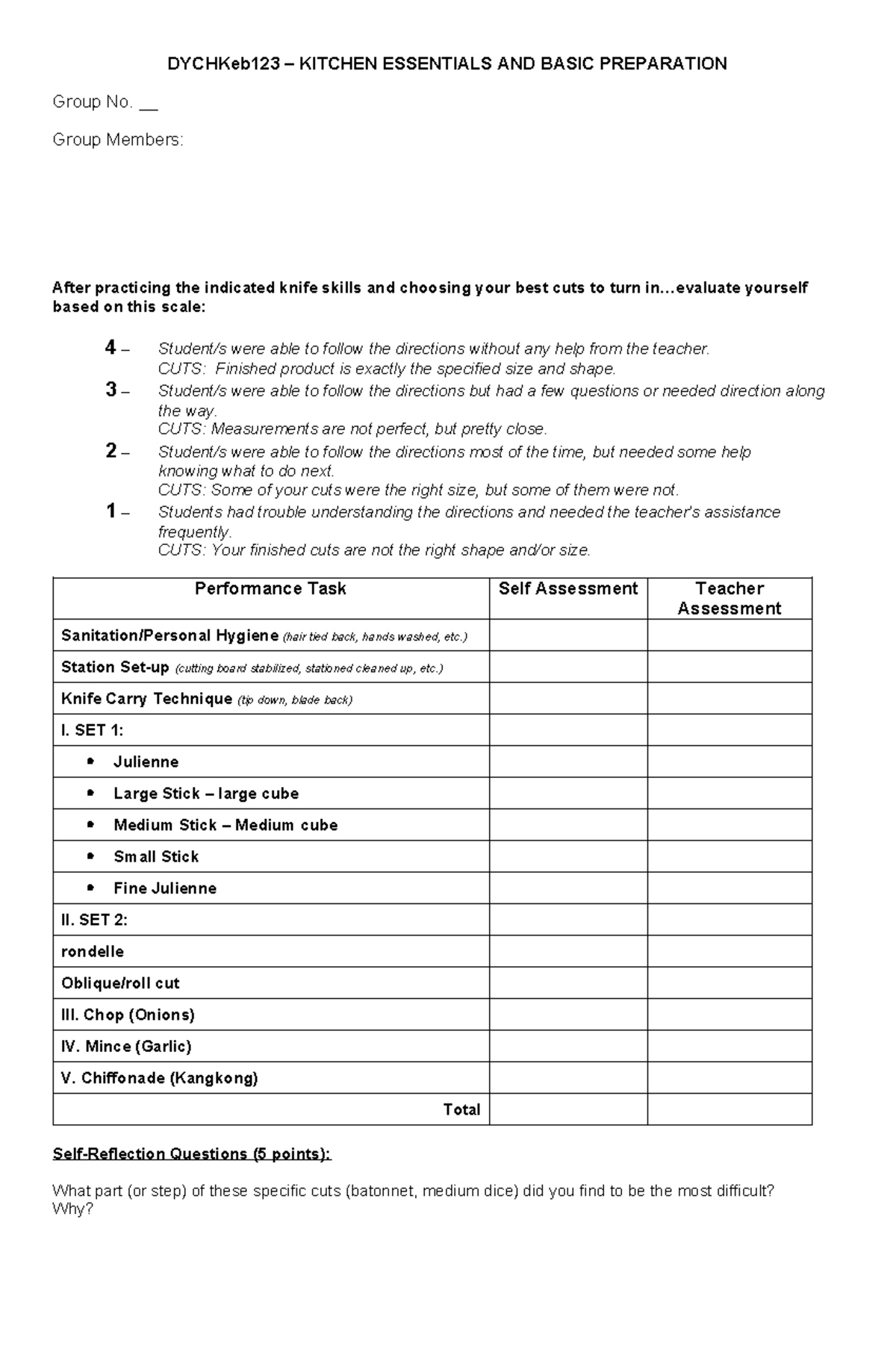 Rubrics (knife Skill) DYCHKeb123 KITCHEN ESSENTIALS AND BASIC