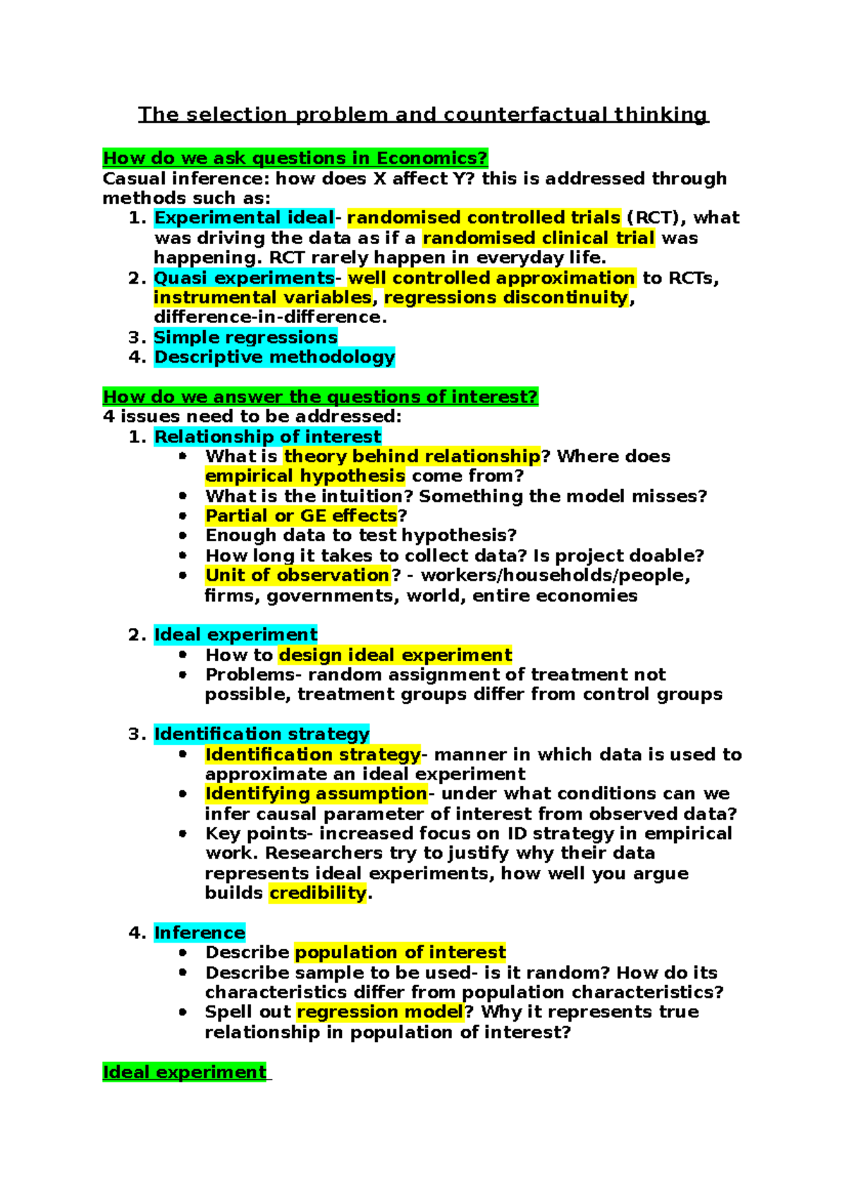 Selection problem and counterfactual thinking lecture 16 notes - The ...