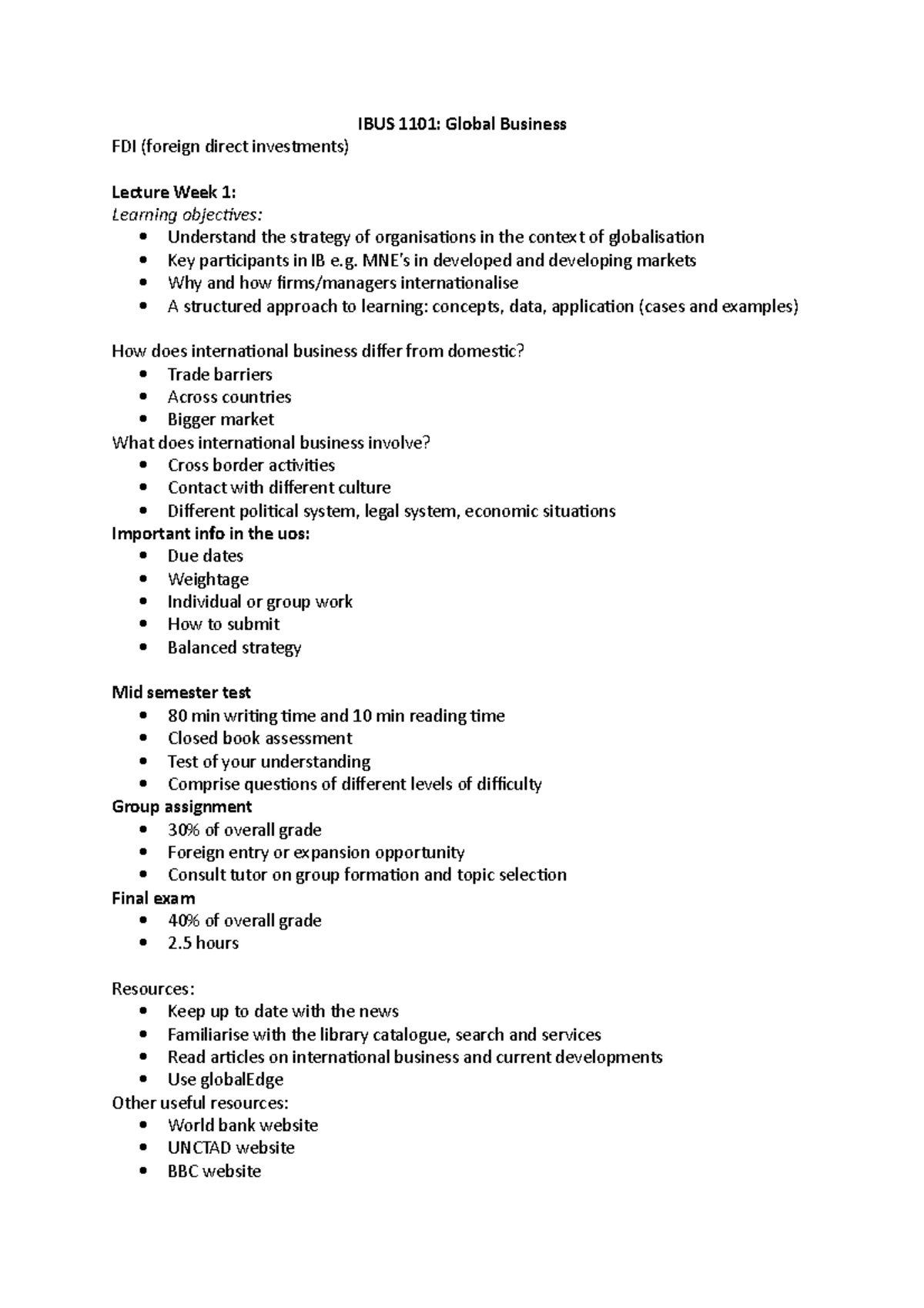 IBUS 1101 Lecture Week 1 FDI (foreign direct investments) IBUS 1101