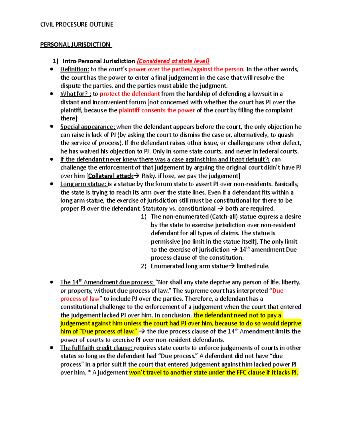 Outline for Civ pro - PERSONAL JURISDICTION Intro Personal Jurisdiction ...