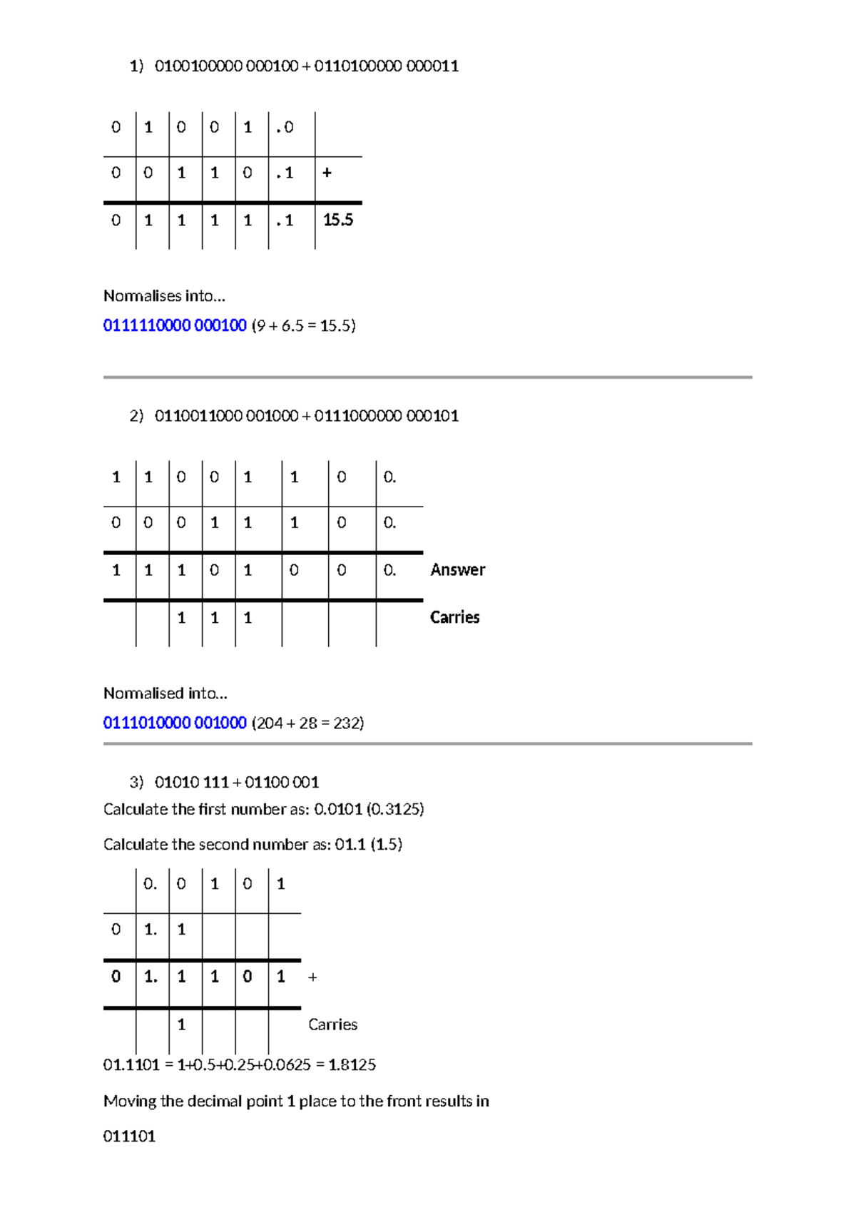 Revision Floating point arithmetic answers - 1) 0100100000 000100 ...