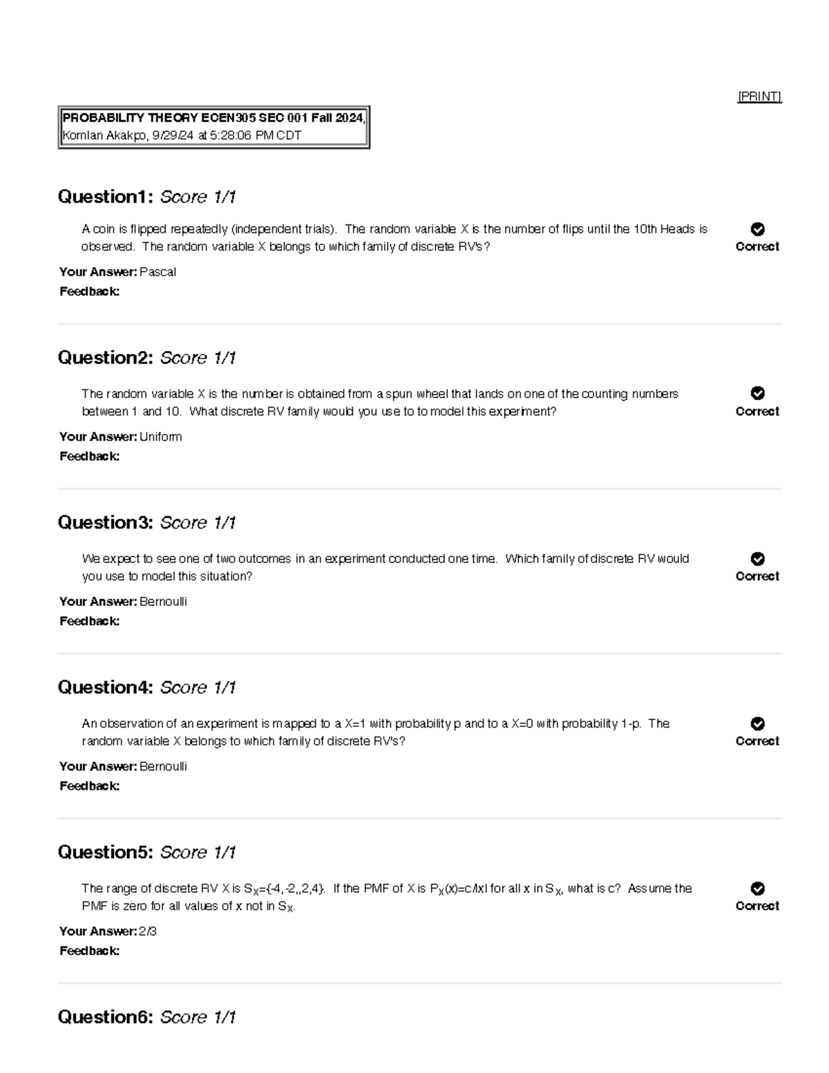 Discrete RV's - quiz - [PRINT] PROBABILITY THEORY ECEN305 SEC 001 Fall ...