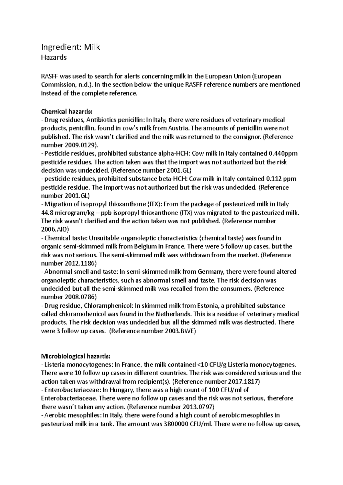 Food Hazards Hazards per ingredient milk Ingredient Milk Hazards