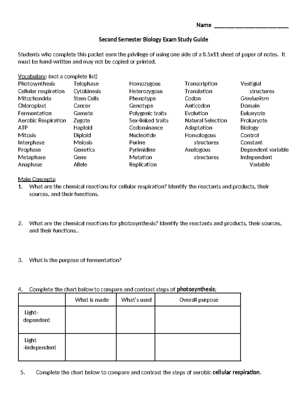 Second Semester Exam Study Guide 2022 Bio - Name ...