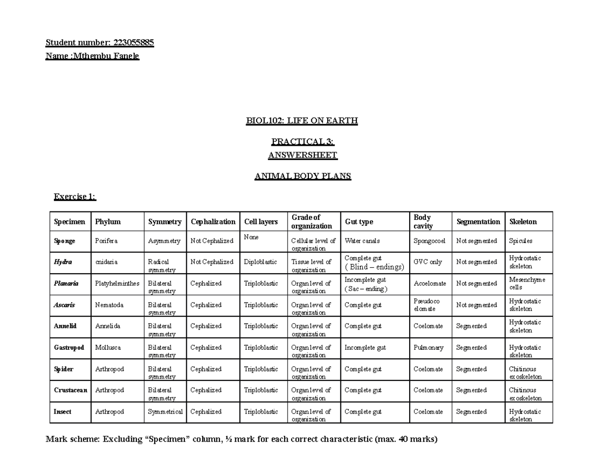 Prac 3 Marine Invertebrates Answersheet - Student number: 223055885 ...