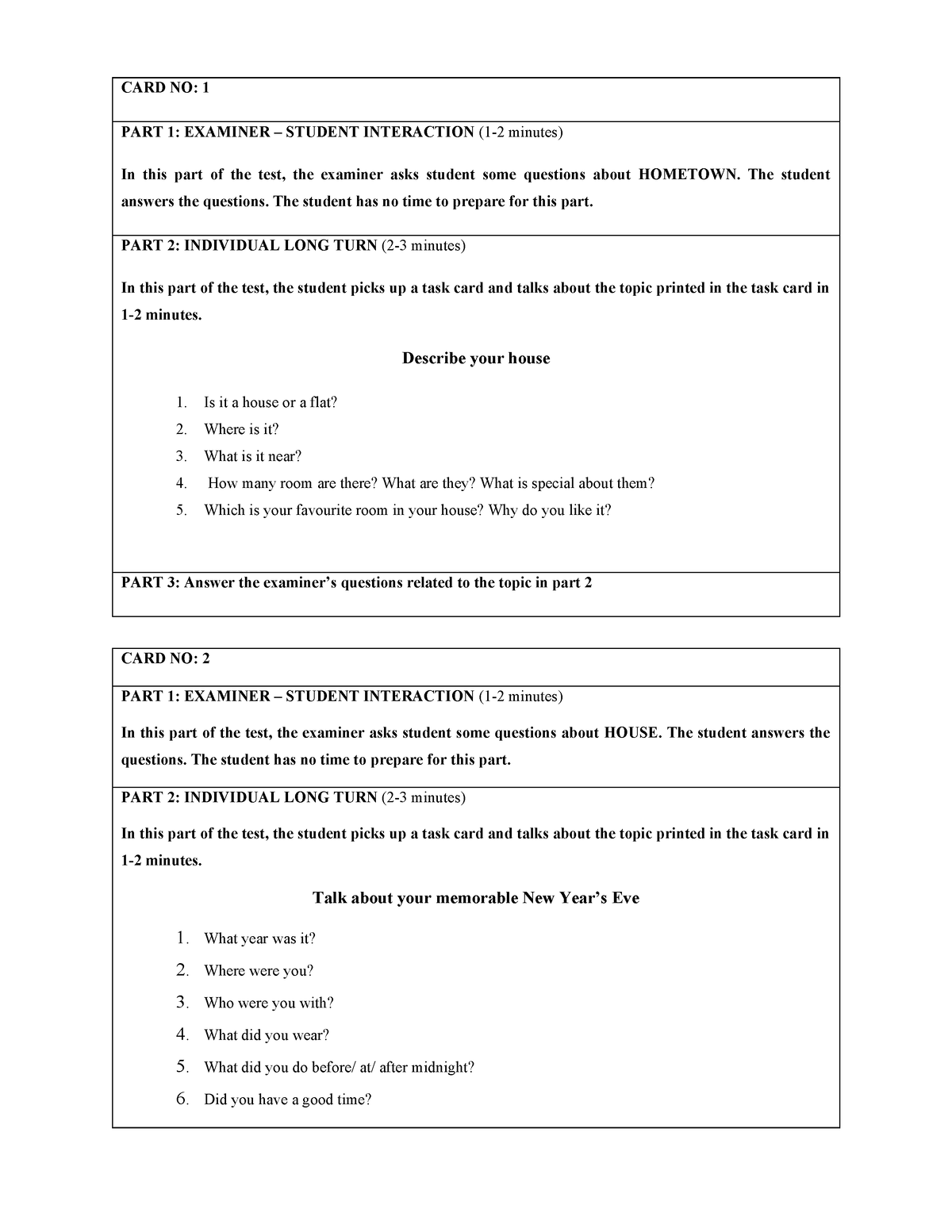 E2 Speaking Cards- 4 tín - CARD NO: 1 PART 1: EXAMINER – STUDENT ...