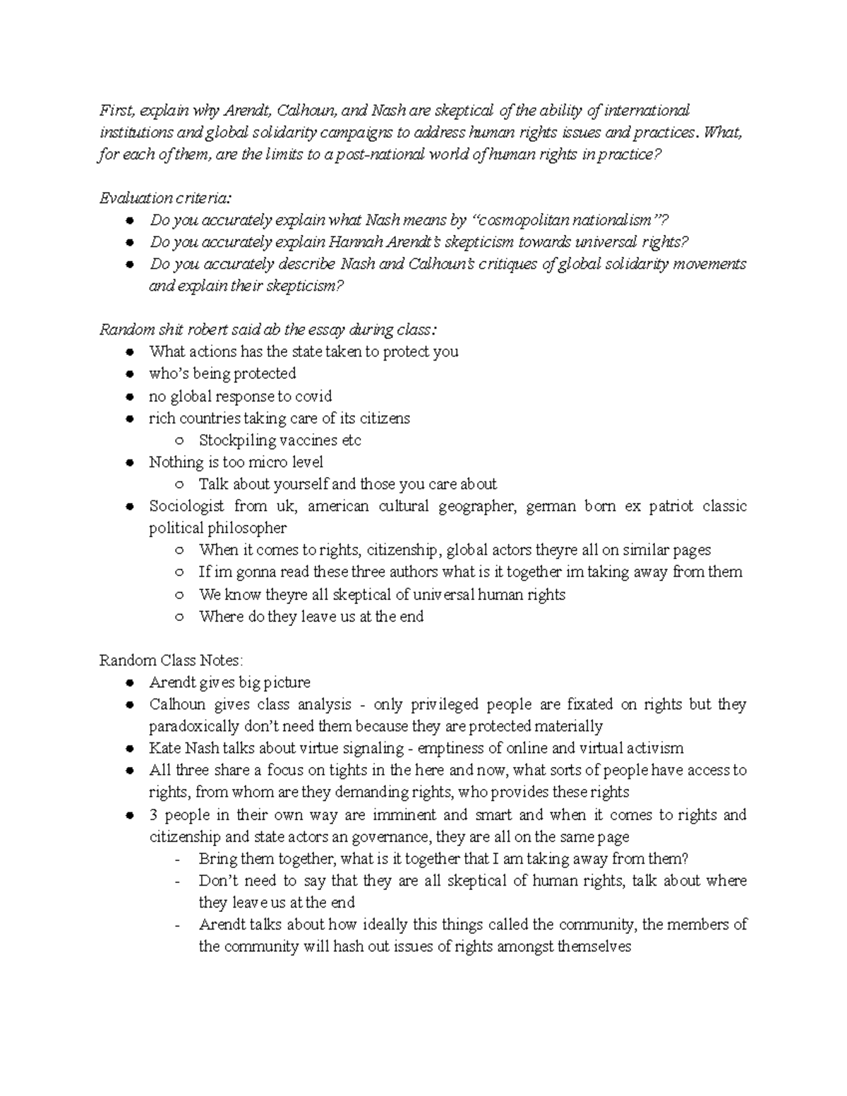 Final Paper Reading Notes - First, explain why Arendt, Calhoun, and ...