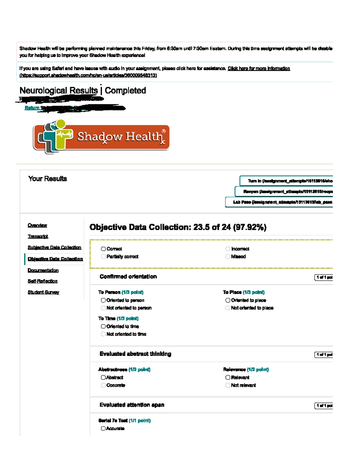 Neurological shadow health objective - 11 63 176 - Studocu
