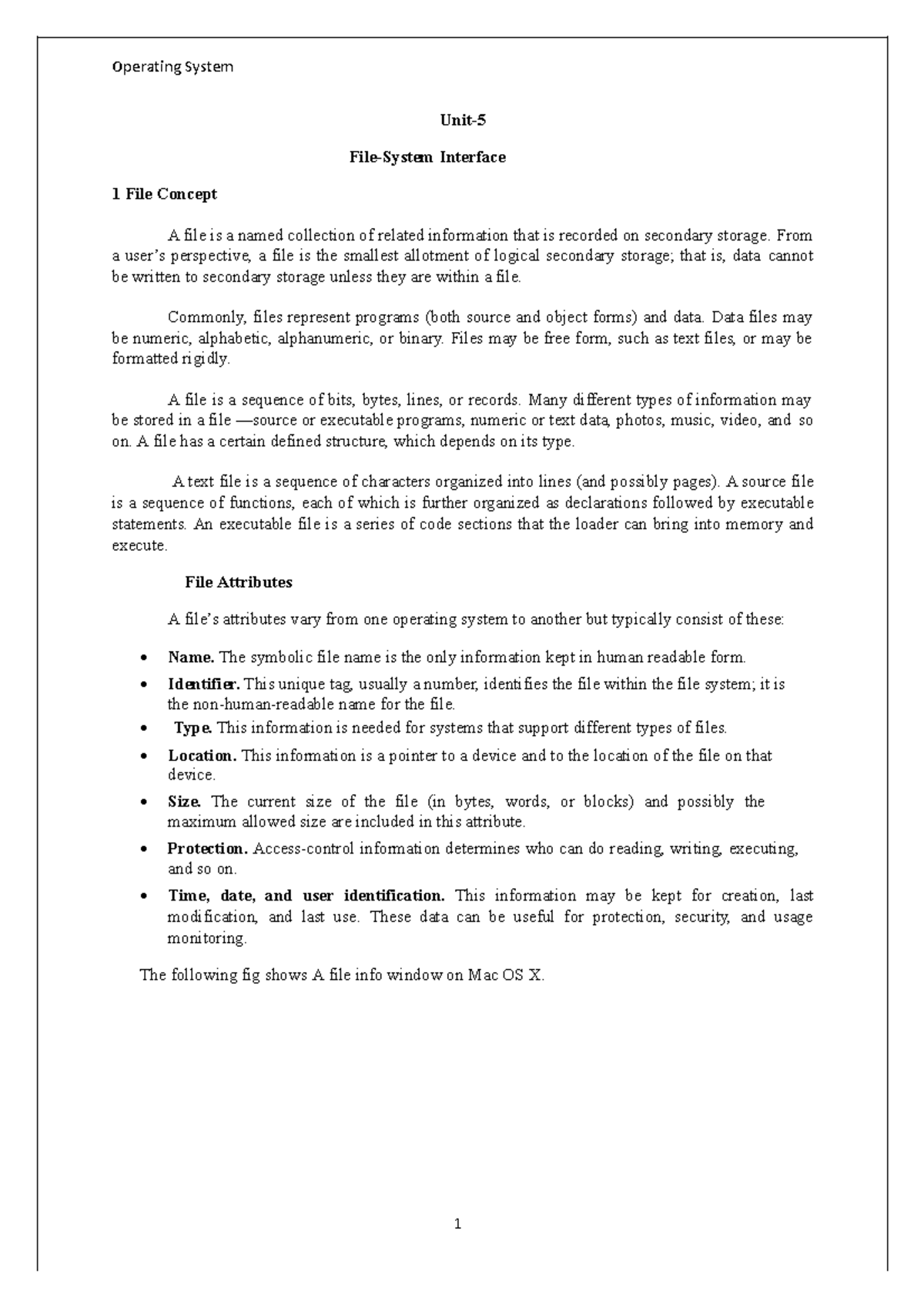 Unit 5 File System Notes - Operating System 1 Unit- File-system 