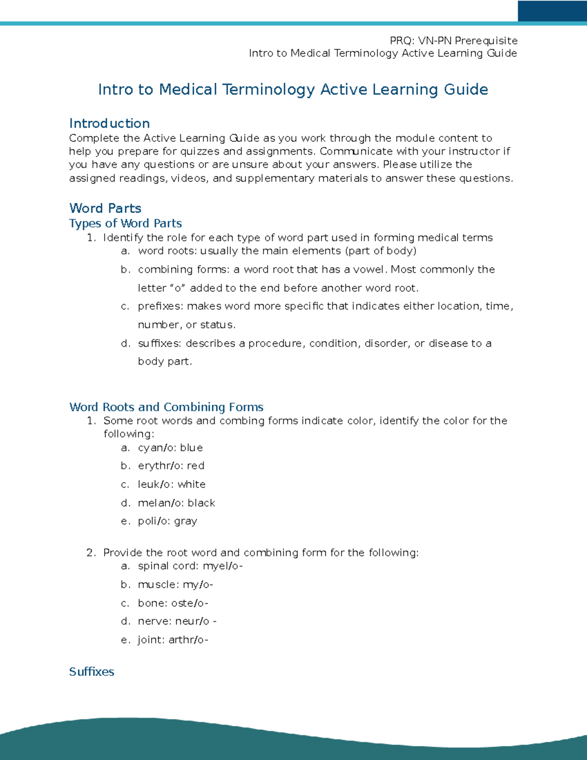 Introduction to Medical Terminology Active Learning Guide - Intro to