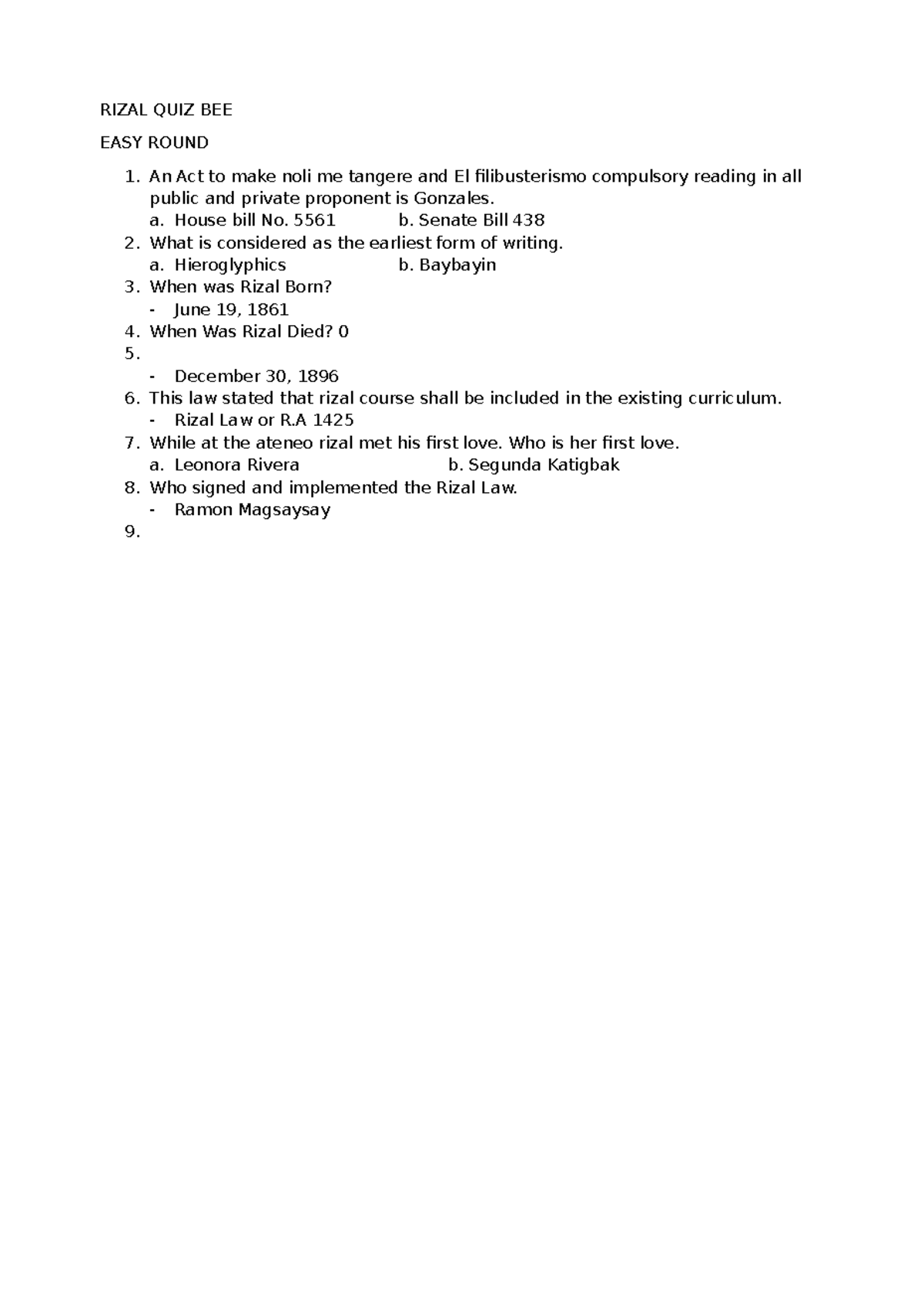 Rizal QUIZ BEE - RIZAL QUIZ BEE EASY ROUND An Act to make noli me ...