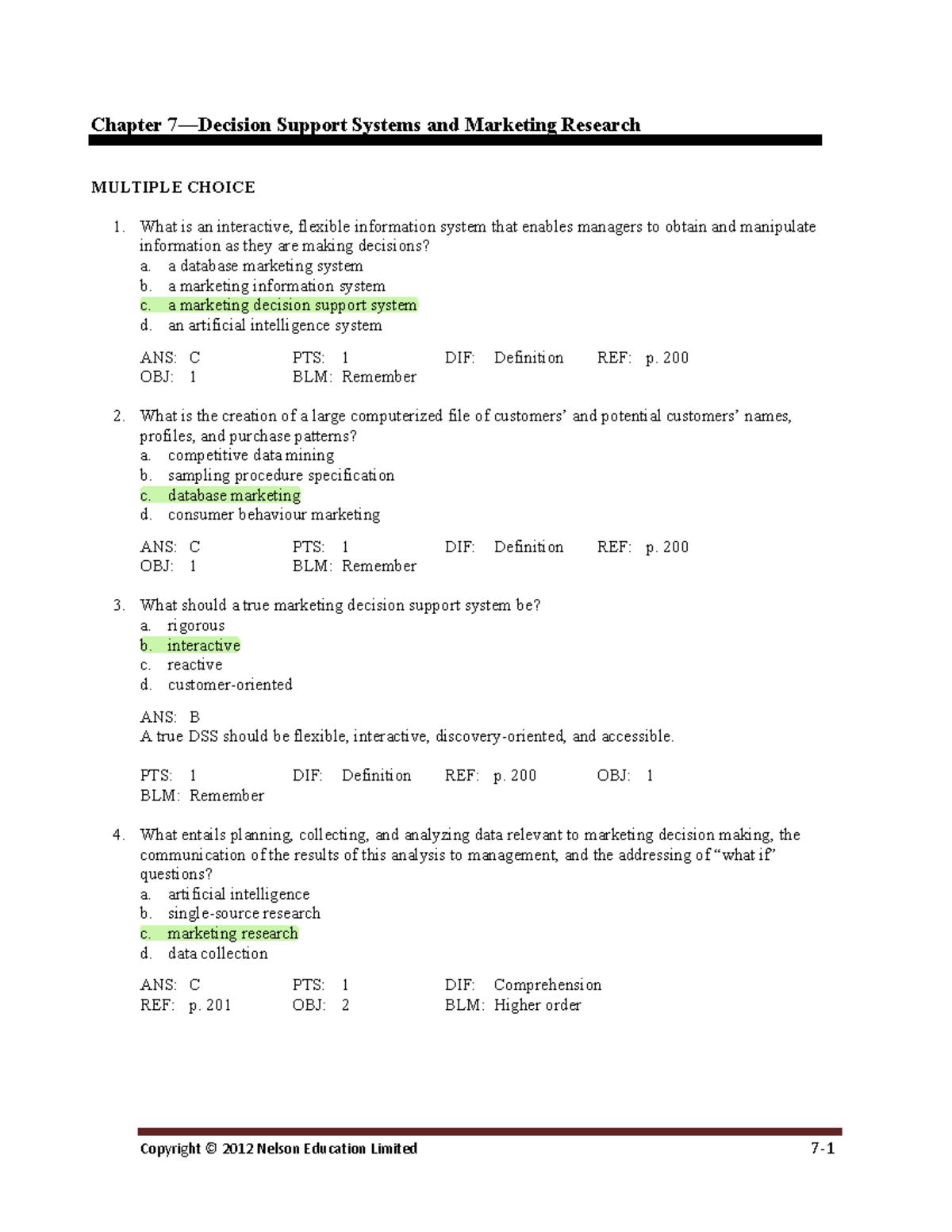 Chapter 7 Practice Exam (marketing) - Chapter 7—Decision Support ...