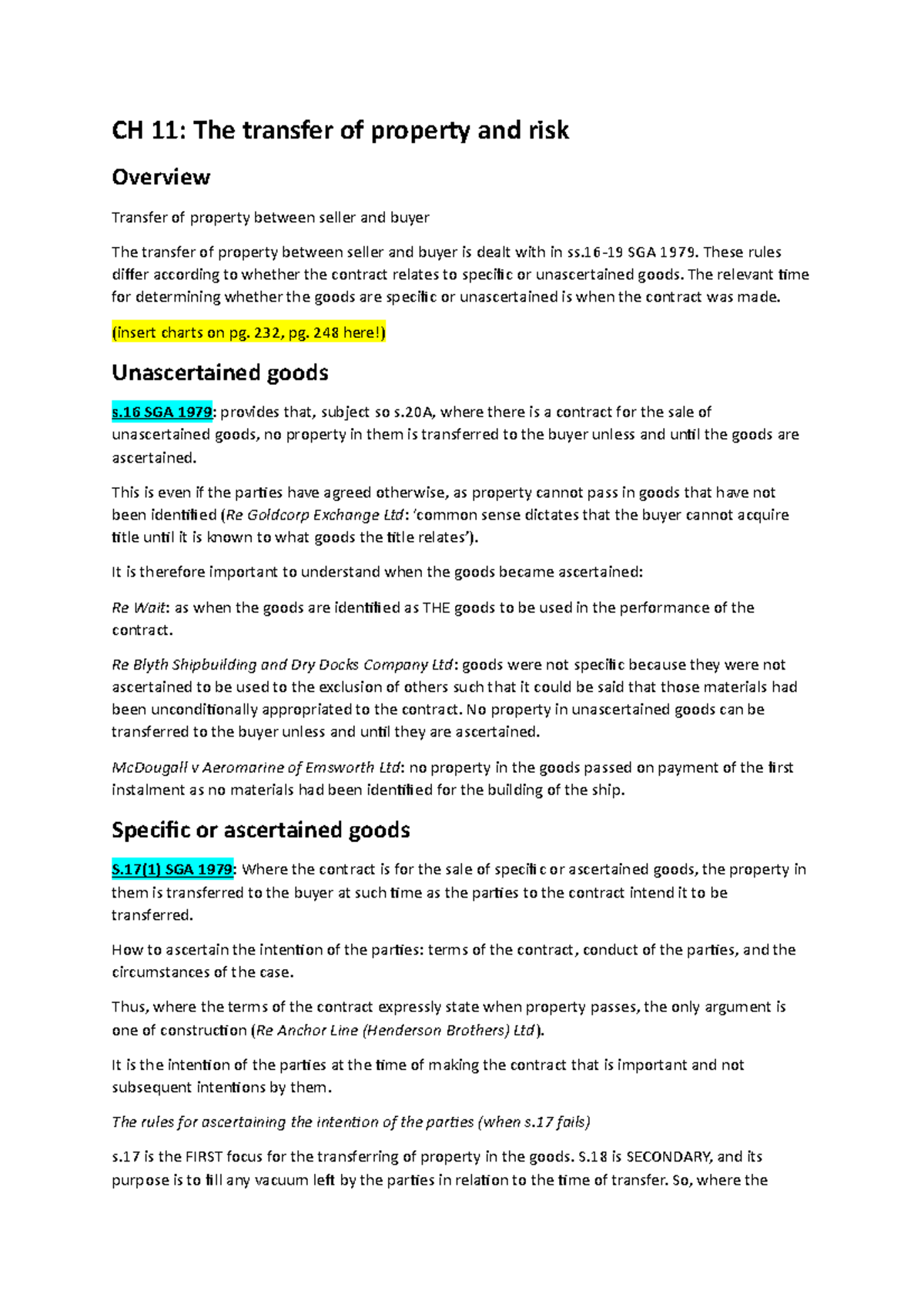 CH 11 notes - CH 11: The transfer of property and risk Overview ...