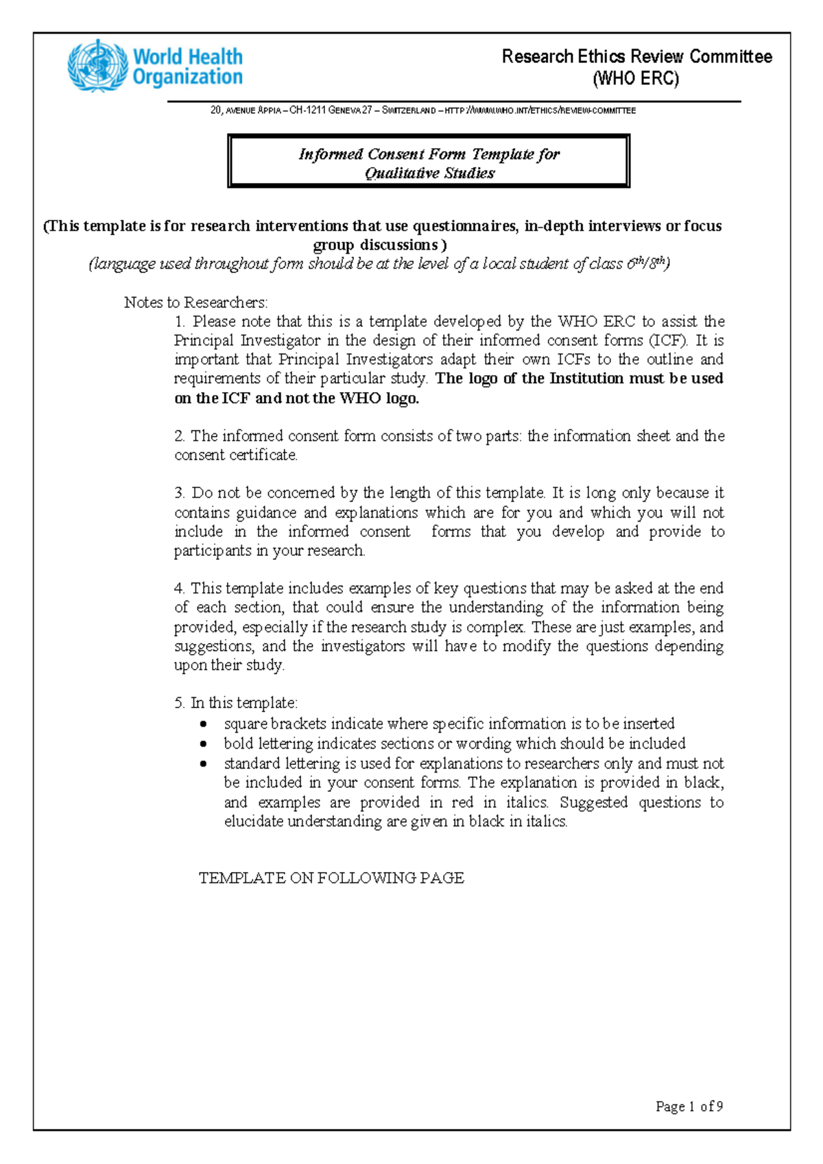 Informed Consent Form Template For Clinical Studies 20 AVENUE APPIA
