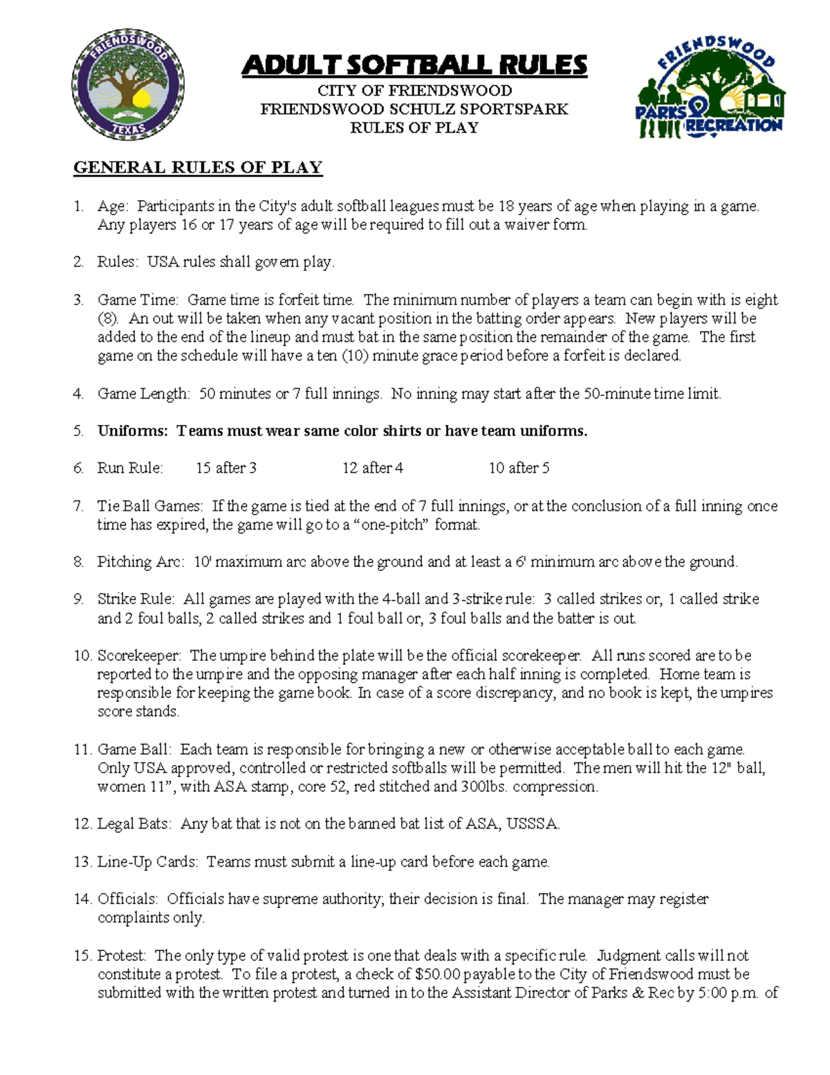 Softball Rules - no info - Studocu