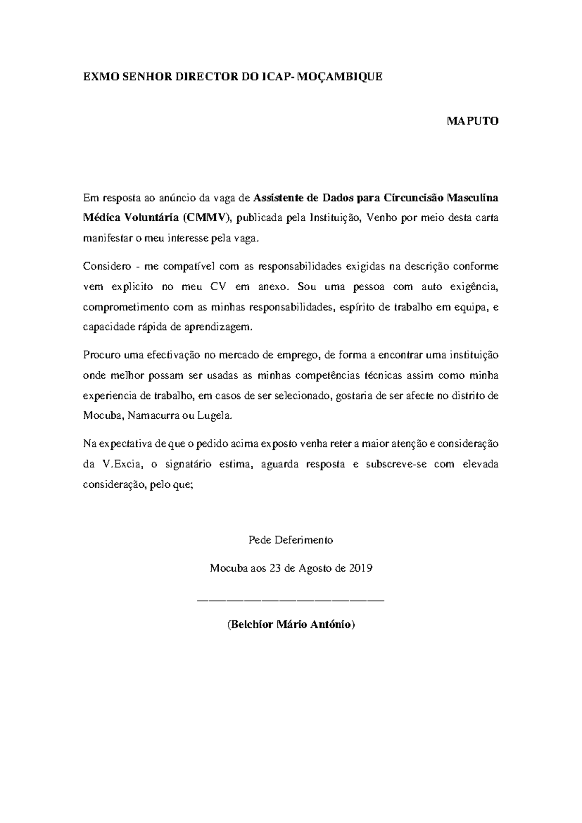 Toaz - Kkkk - EXMO SENHOR DIRECTOR DO ICAP- MOÇAMBIQUE MAPUTO Em ...