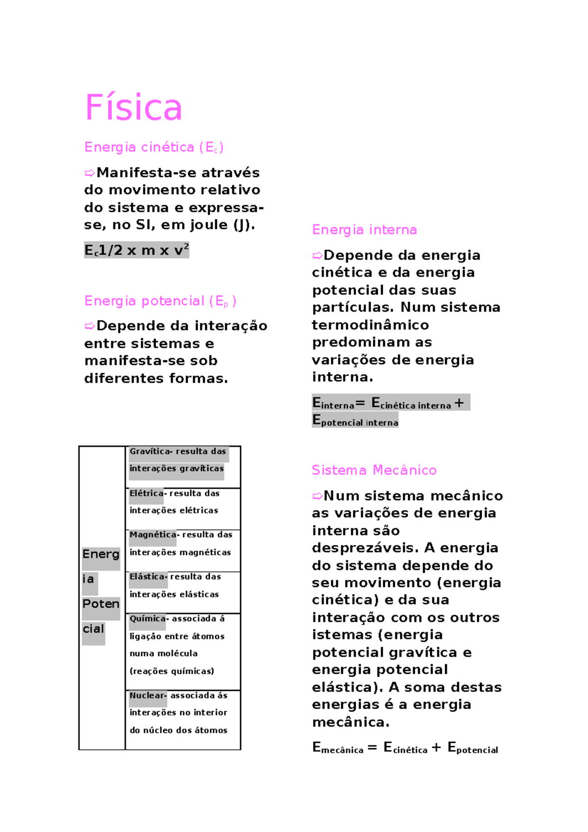 Física Bah Eu Só Quero Resumos Física Energia Cinética Ec Manifesta Se Através Do