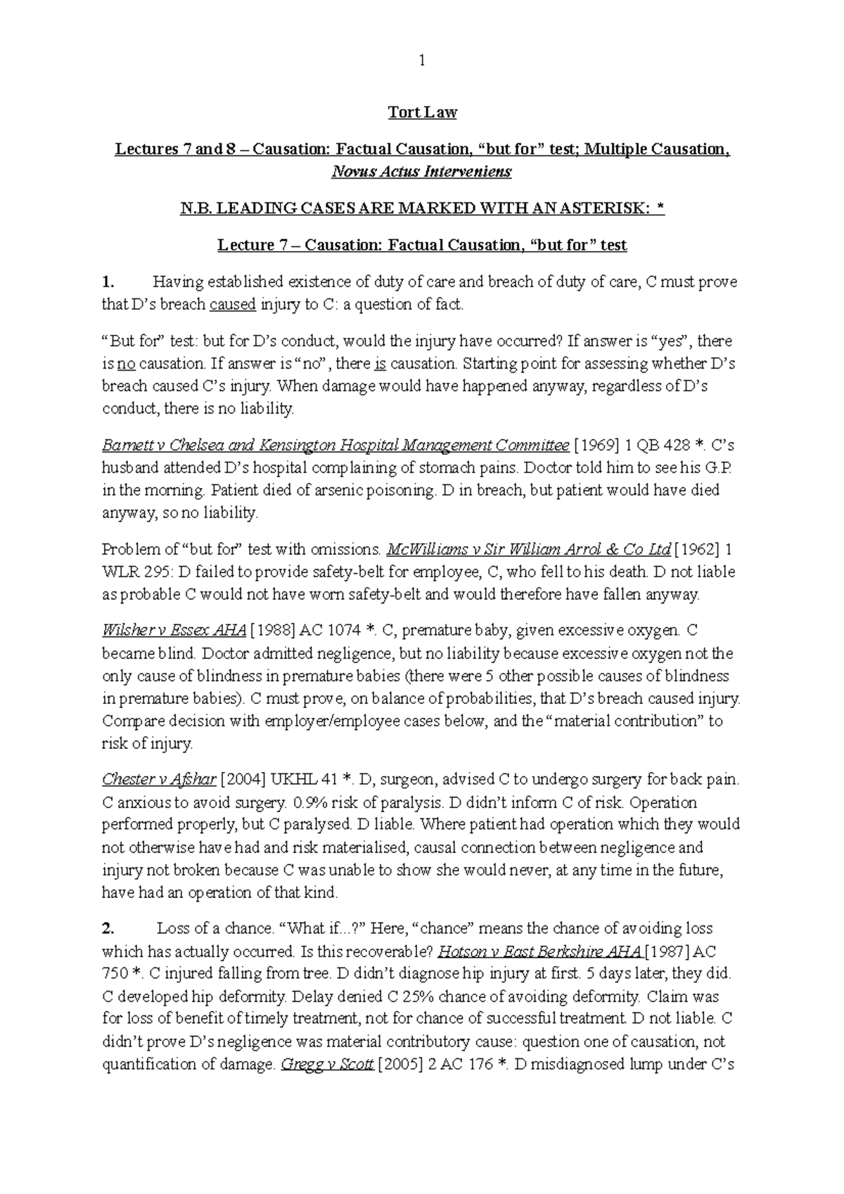 Tort Lecture 7 8 Tort Law Lectures And Causation Factual Causation But For Test Studocu