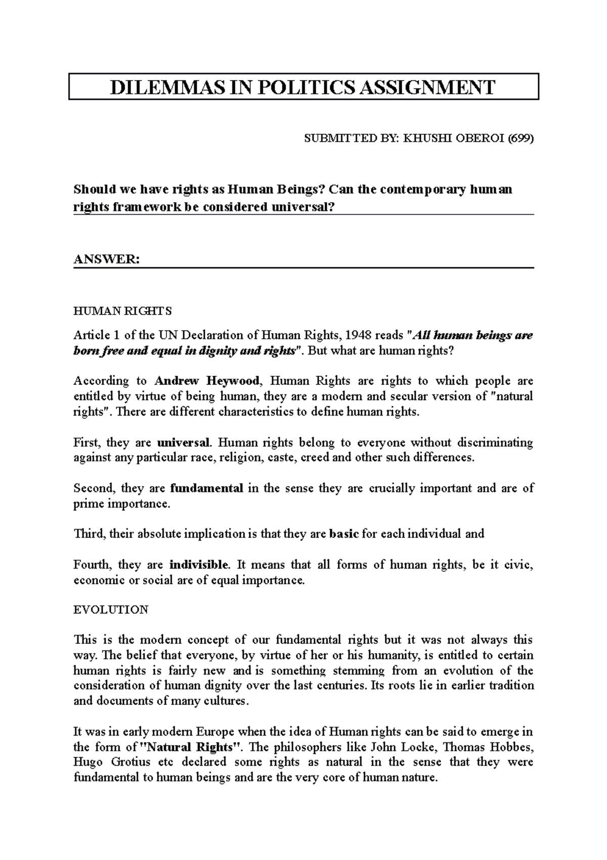 DIP Assignment human rights - DILEMMAS IN POLITICS ASSIGNMENT SUBMITTED ...