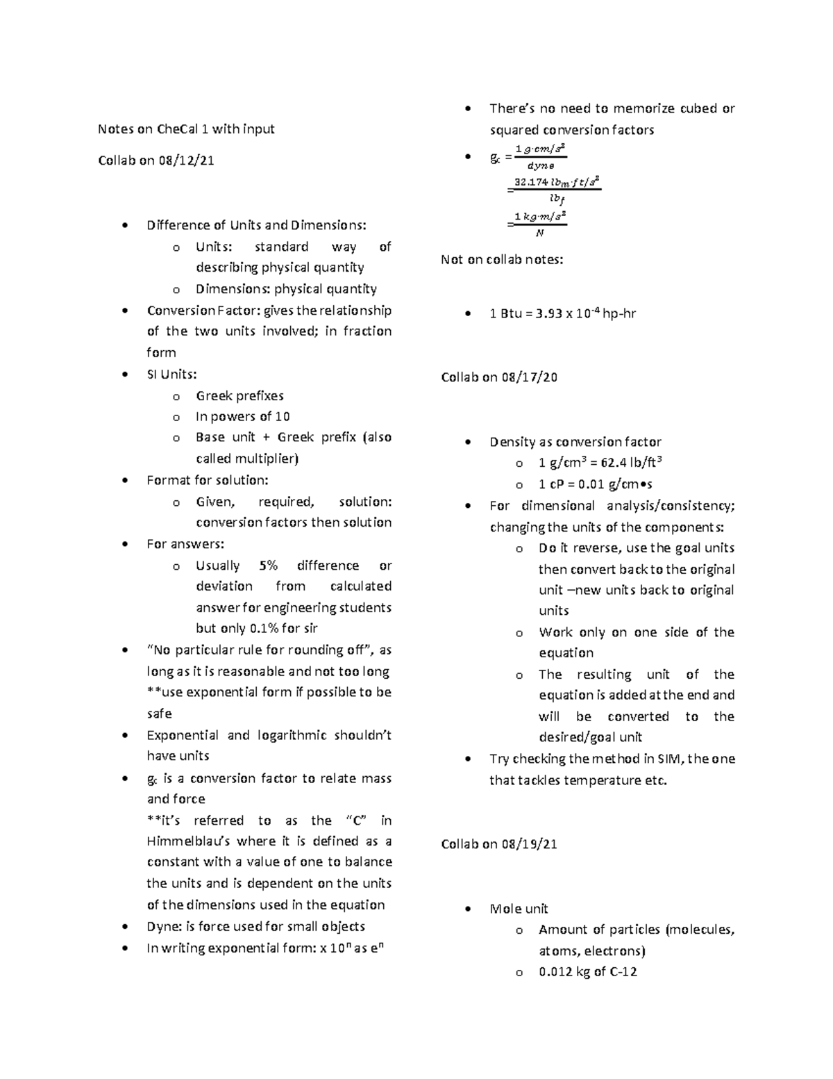 Notes on Che Cal 1 with input - Notes on CheCal 1 with input Collab on ...