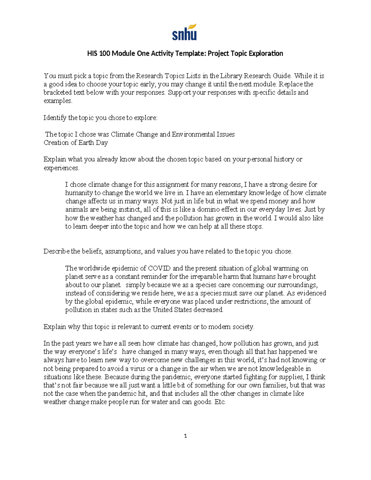 HIS 100 Module One Activity Template - While it is a good idea to ...