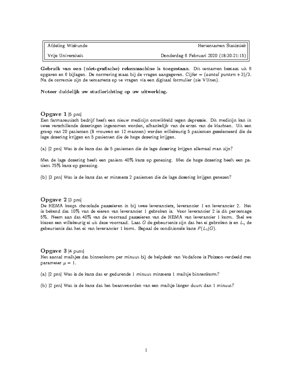 Oefententamen B Statistiek 6 Februari 2020 - Afdeling Wiskunde ...