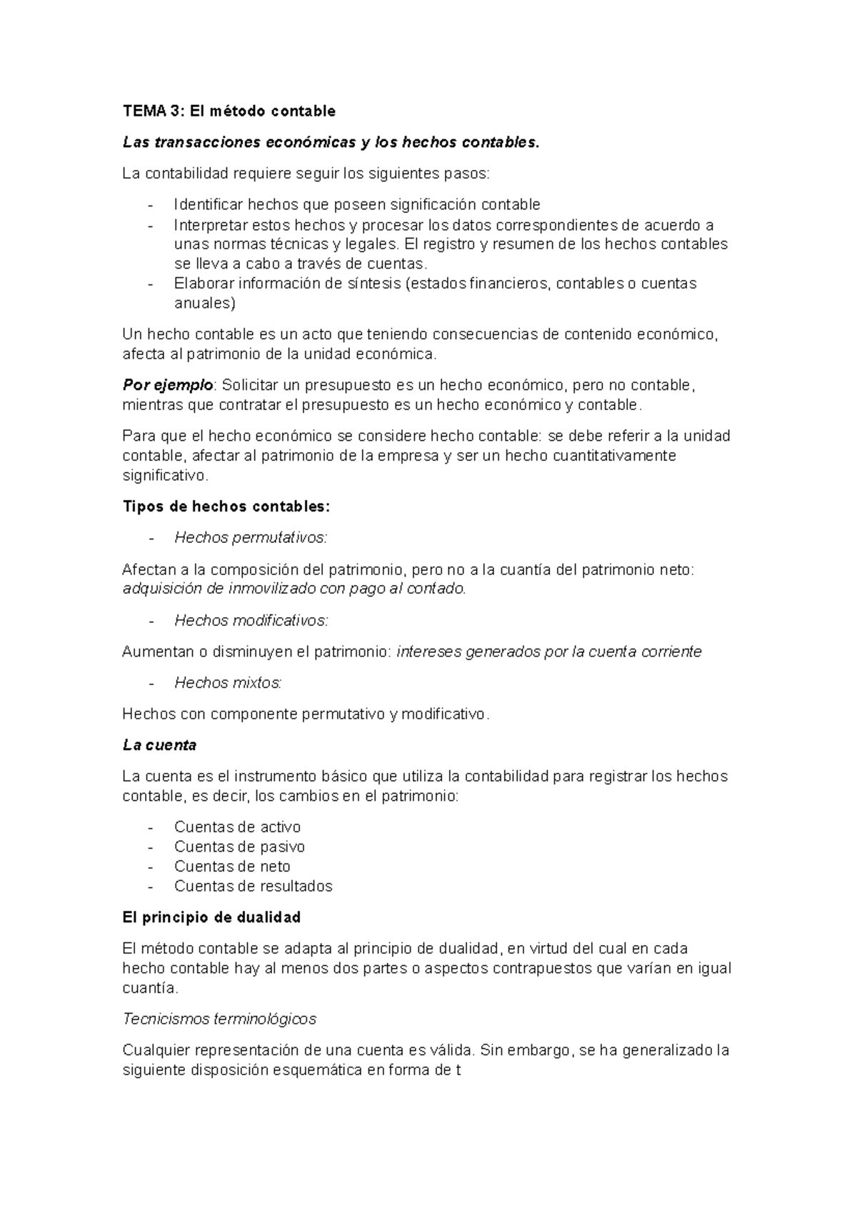 TEMA 3 - Resumen tema 3 contabilidad - TEMA 3: El método contable Las ...